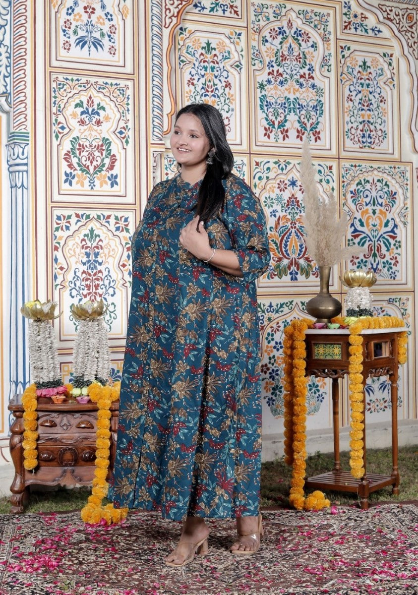 Plus Size Teal Blue Cotton Blend Golden Print Aline Kurta-410072