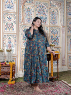 Plus Size Teal Blue Cotton Blend Golden Print Aline Kurta-410072