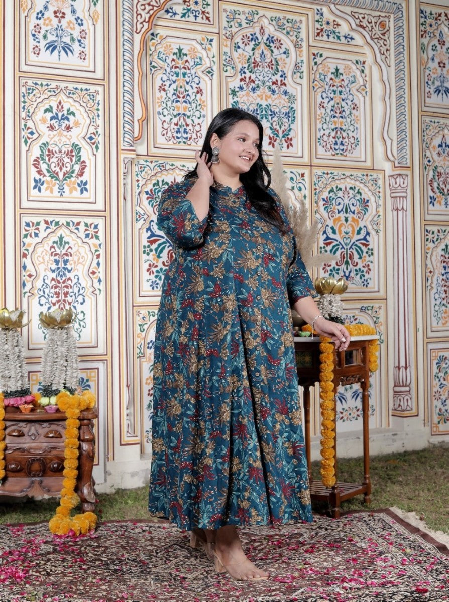 Plus Size Teal Blue Cotton Blend Golden Print Aline Kurta-410072