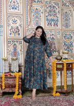 Plus Size Teal Blue Cotton Blend Golden Print Aline Kurta-410072