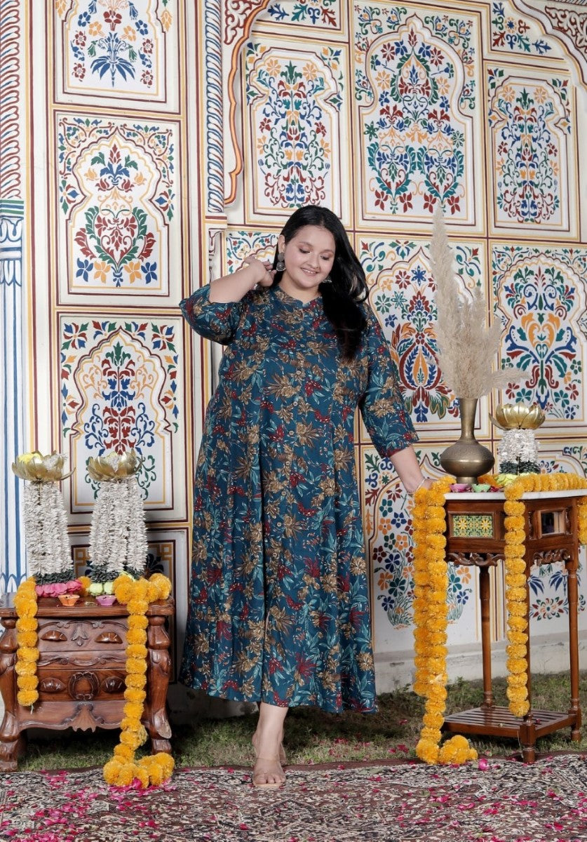 Plus Size Teal Blue Cotton Blend Golden Print Aline Kurta-410072