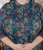 Plus Size Teal Blue Cotton Blend Golden Print Aline Kurta-410072