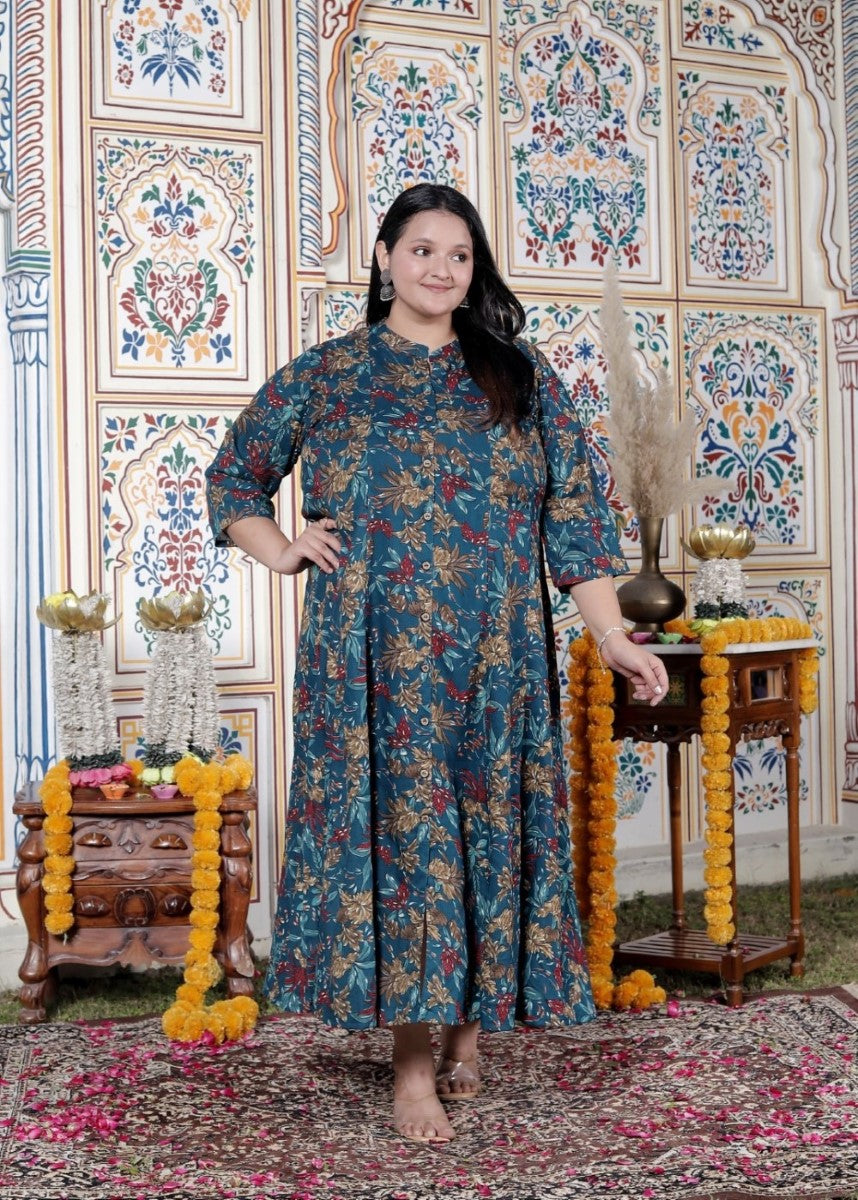 Plus Size Teal Blue Cotton Blend Golden Print Aline Kurta-410072