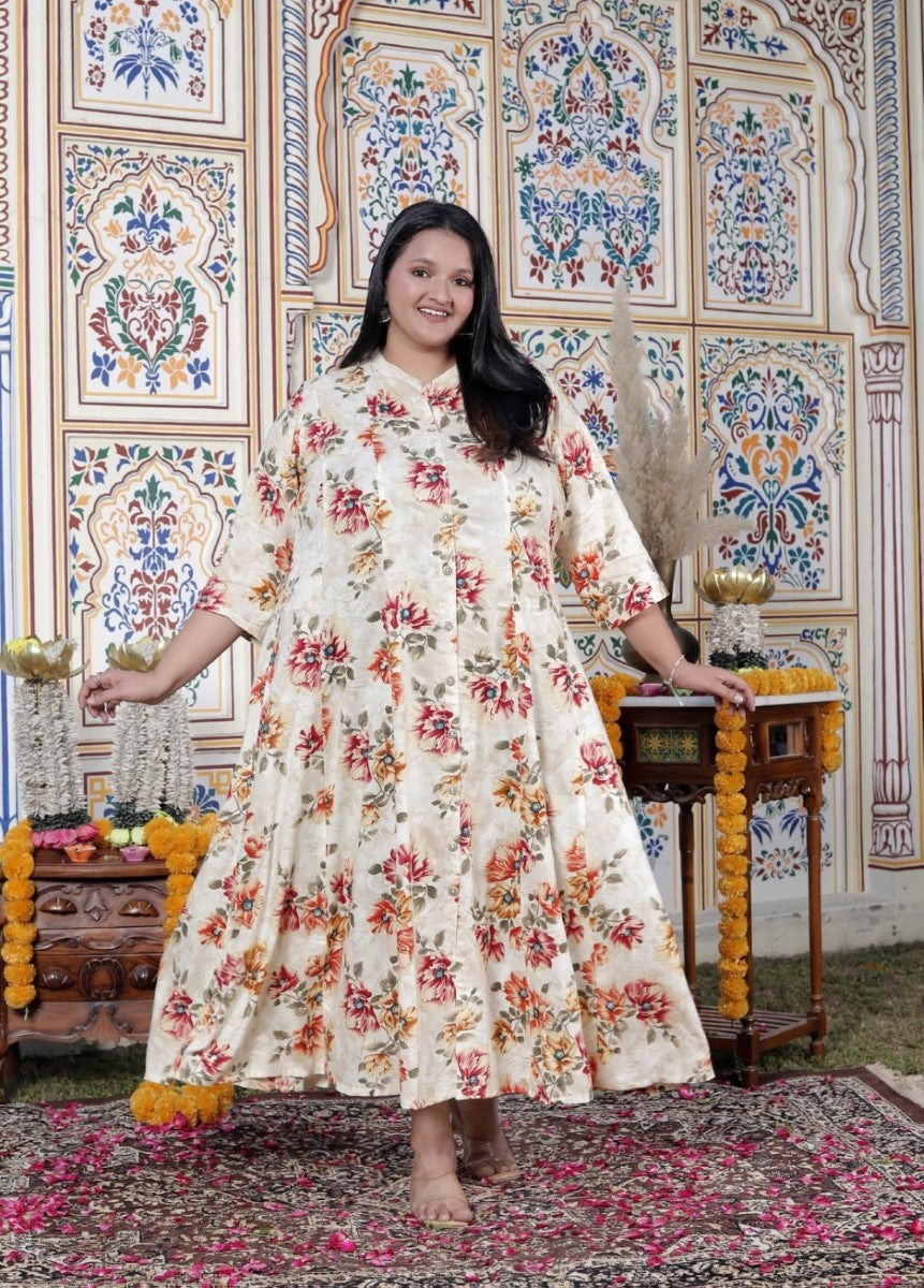 Plus Size Off White Cotton Blend Golden Print Aline Kurta-410073 Main image