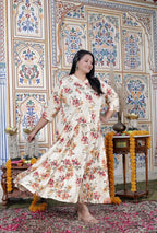 Plus Size Off White Cotton Blend Golden Print Aline Kurta-410073