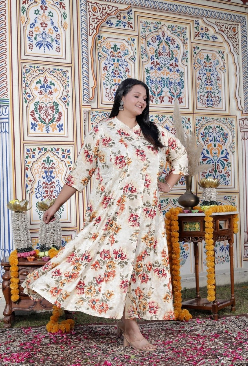 Plus Size Off White Cotton Blend Golden Print Aline Kurta-410073