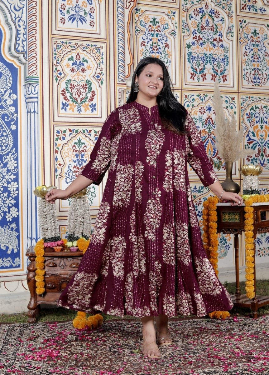 Plus Size Purple Cotton Blend Golden Print Aline Kurta-410074 Main image