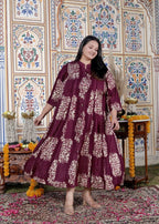Plus Size Purple Cotton Blend Golden Print Aline Kurta-410074