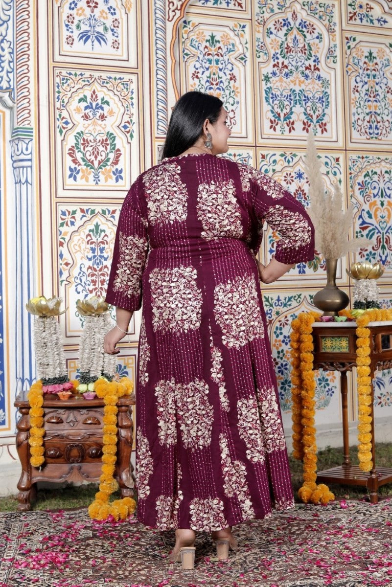 Plus Size Purple Cotton Blend Golden Print Aline Kurta-410074