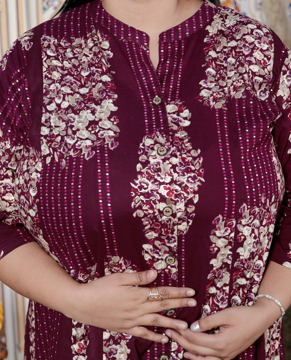 Plus Size Purple Cotton Blend Golden Print Aline Kurta-410074
