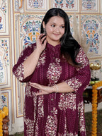 Plus Size Purple Cotton Blend Golden Print Aline Kurta-410074