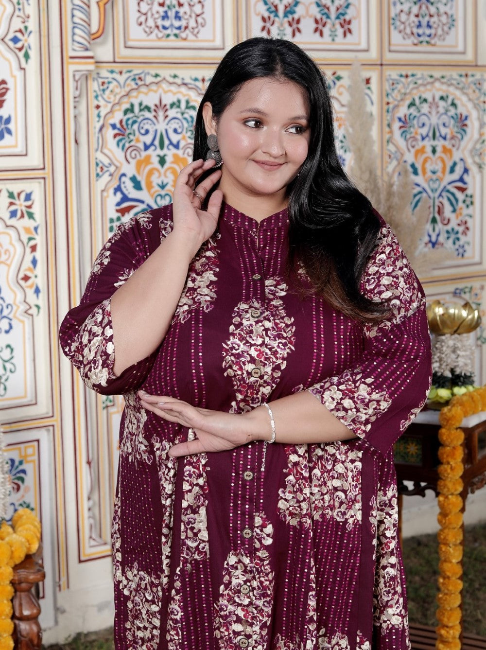 Plus Size Purple Cotton Blend Golden Print Aline Kurta-410074