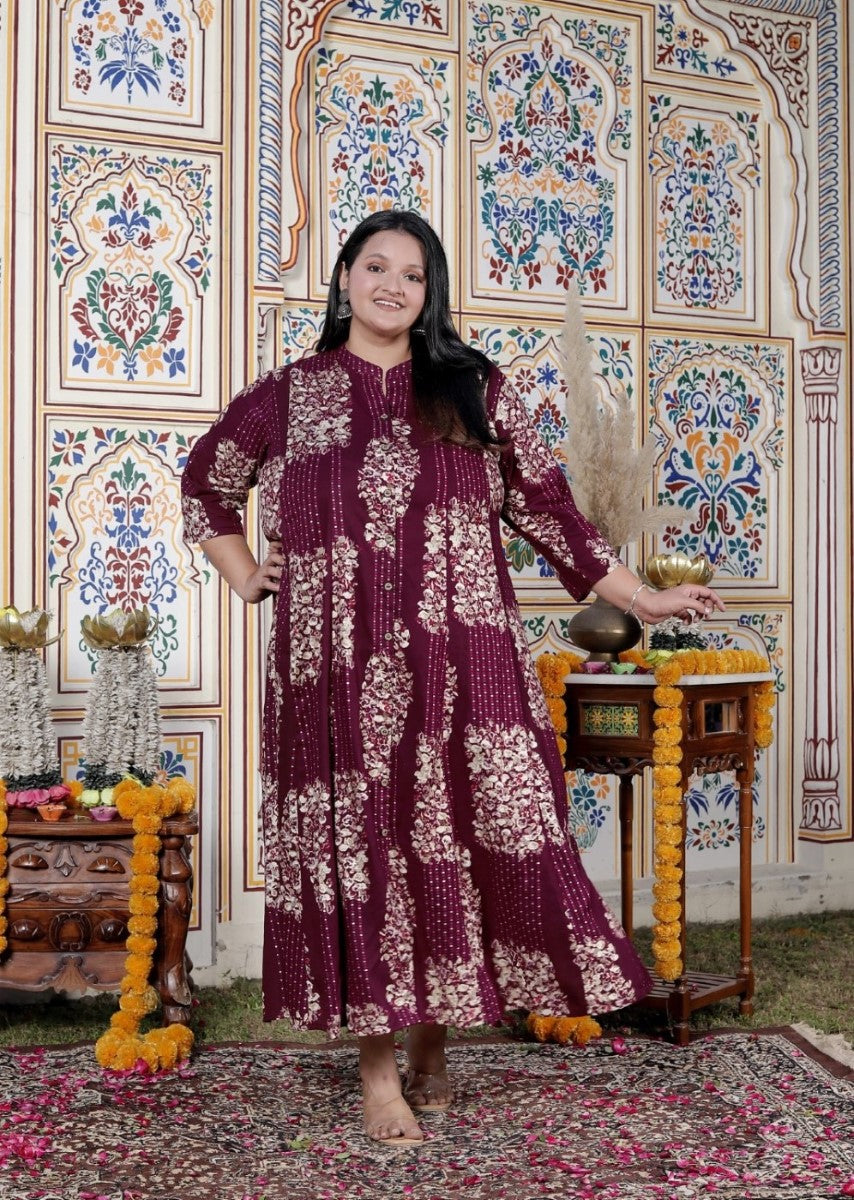 Plus Size Purple Cotton Blend Golden Print Aline Kurta-410074