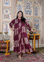 Plus Size Purple Cotton Blend Golden Print Aline Kurta-410074