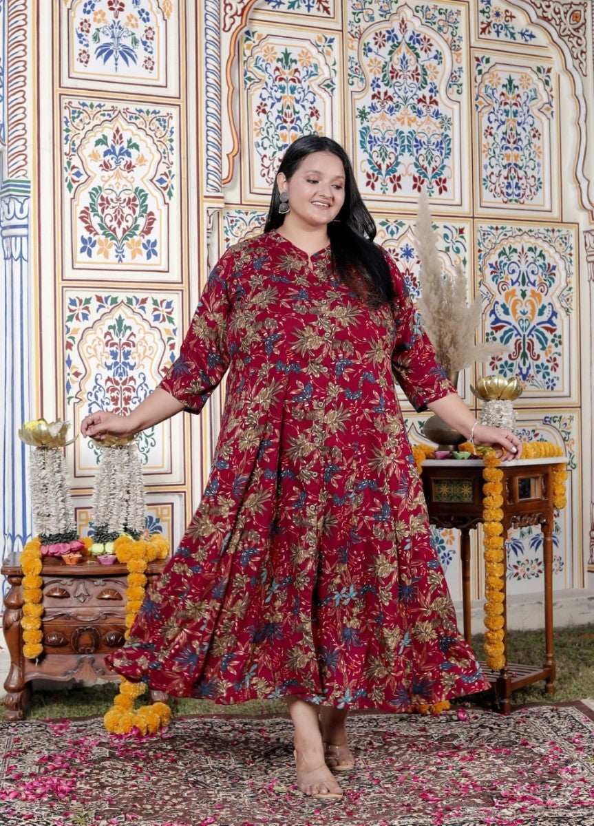 Plus Size Maroon Cotton Blend Golden Print Aline Kurta-410075 Secondary image