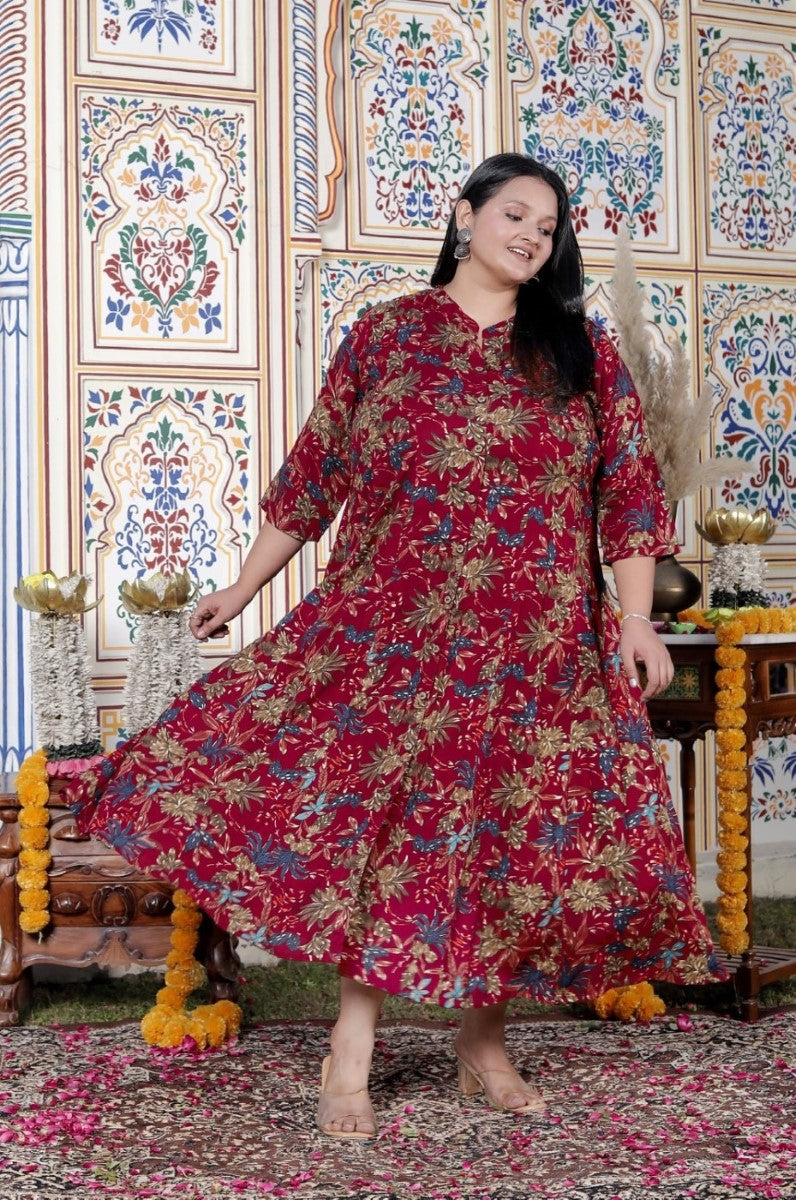 Plus Size Maroon Cotton Blend Golden Print Aline Kurta-410075