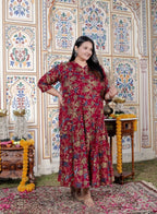 Plus Size Maroon Cotton Blend Golden Print Aline Kurta-410075