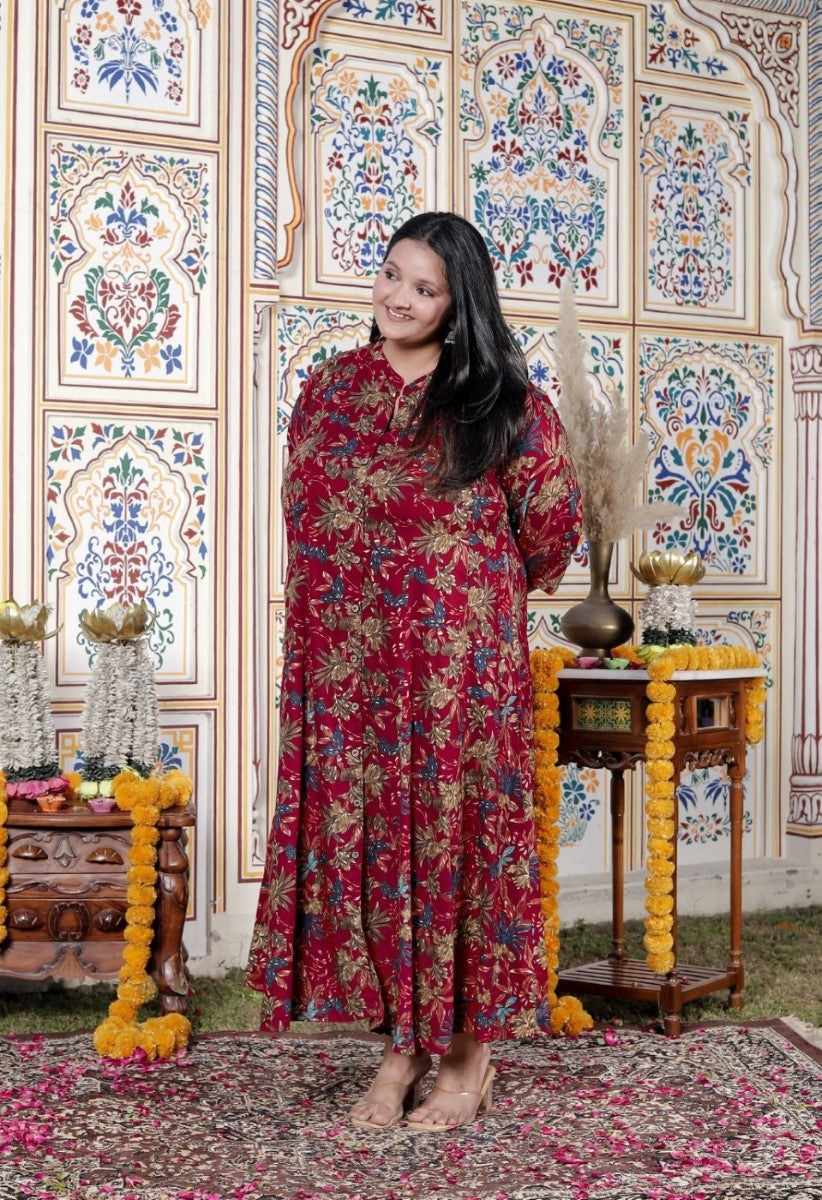 Plus Size Maroon Cotton Blend Golden Print Aline Kurta-410075
