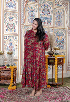 Plus Size Maroon Cotton Blend Golden Print Aline Kurta-410075