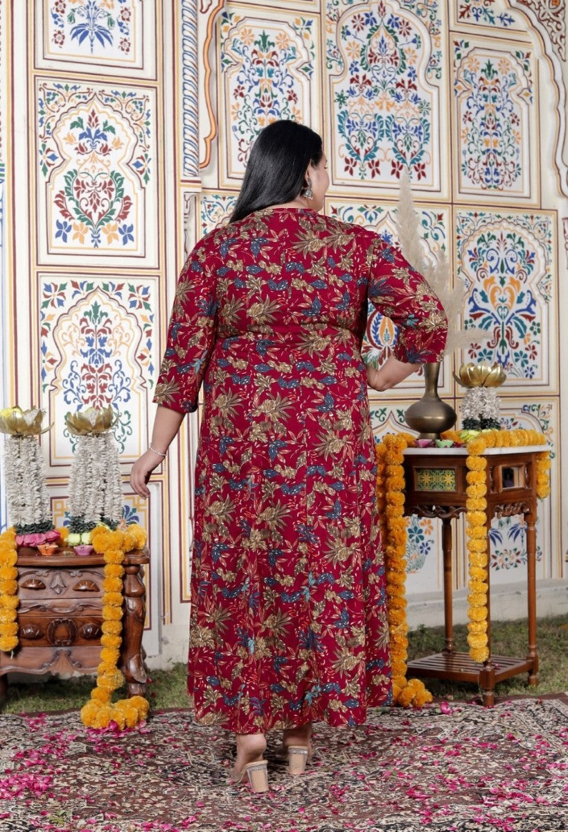 Plus Size Maroon Cotton Blend Golden Print Aline Kurta-410075