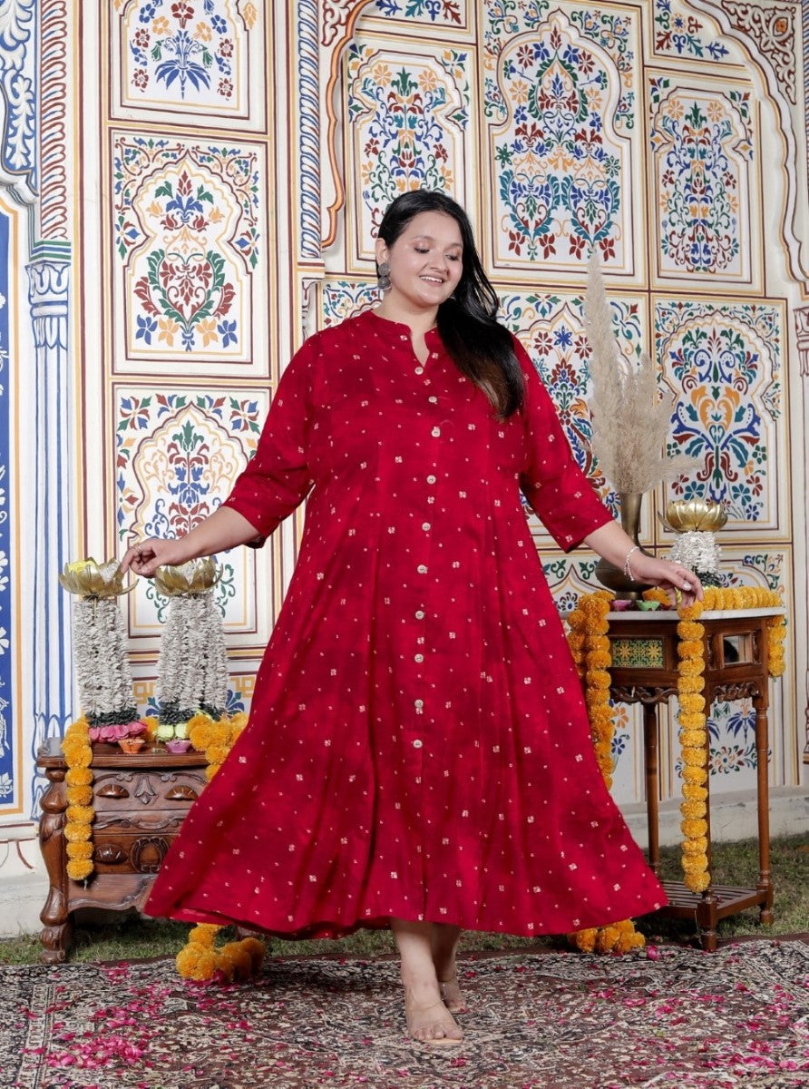 Plus Size Red Cotton Blend Golden Print Aline Kurta-410076 Secondary image