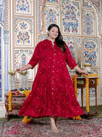 Plus Size Red Cotton Blend Golden Print Aline Kurta-410076
