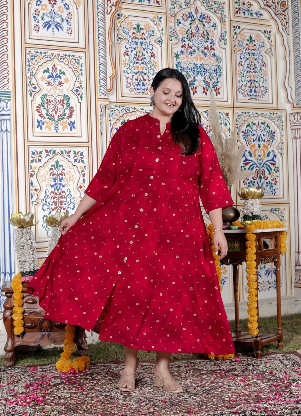 Plus Size Red Cotton Blend Golden Print Aline Kurta-410076