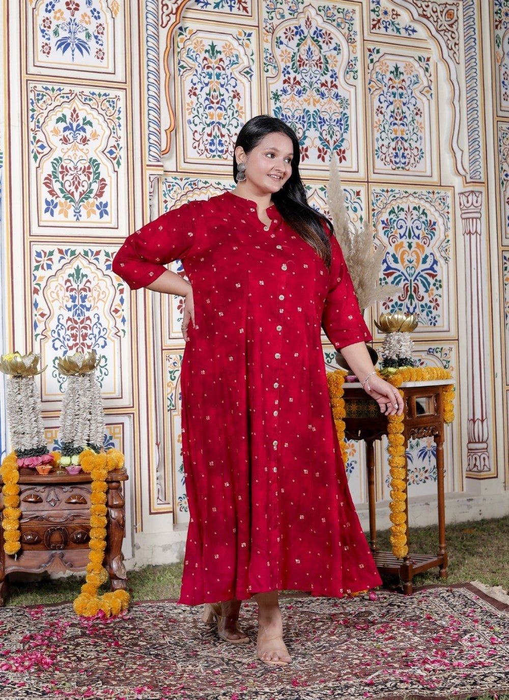 Plus Size Red Cotton Blend Golden Print Aline Kurta-410076