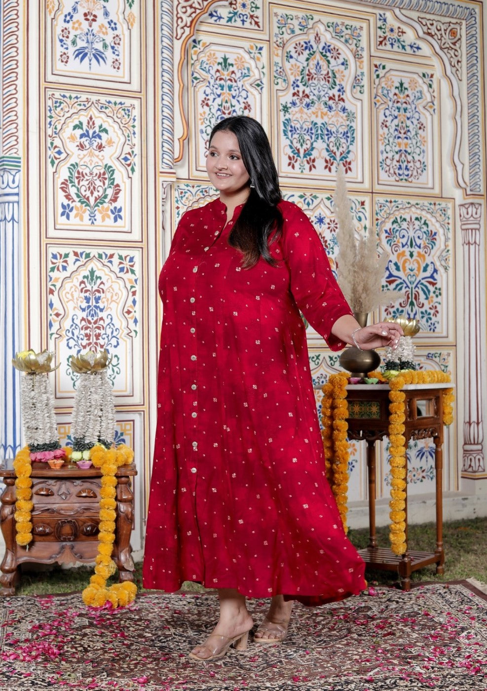 Plus Size Red Cotton Blend Golden Print Aline Kurta-410076