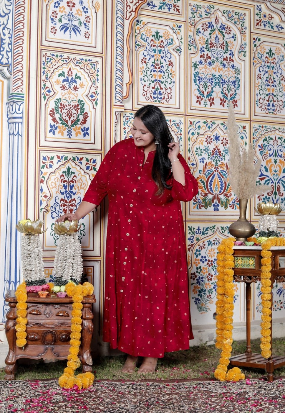 Plus Size Red Cotton Blend Golden Print Aline Kurta-410076