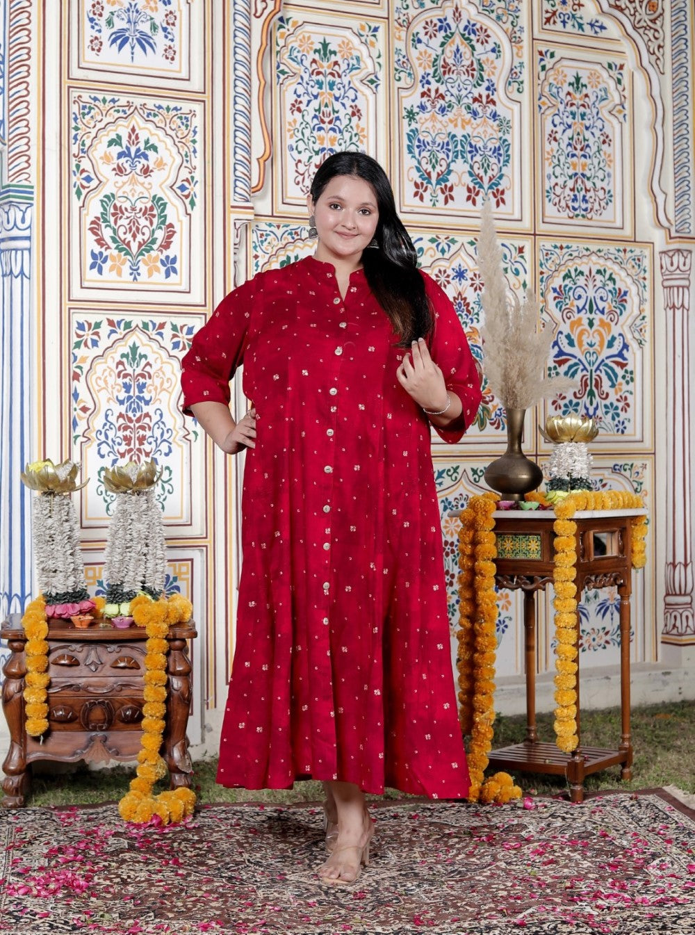 Plus Size Red Cotton Blend Golden Print Aline Kurta-410076