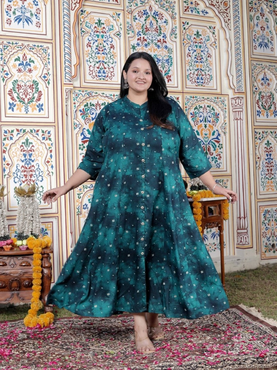 Plus Size Teal Blue Cotton Blend Golden Print Aline Kurta-410077