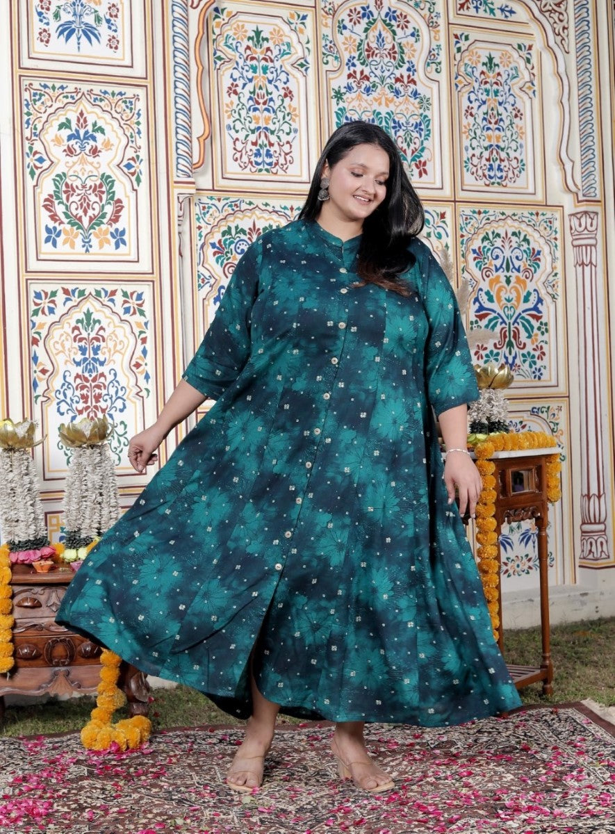 Plus Size Teal Blue Cotton Blend Golden Print Aline Kurta-410077