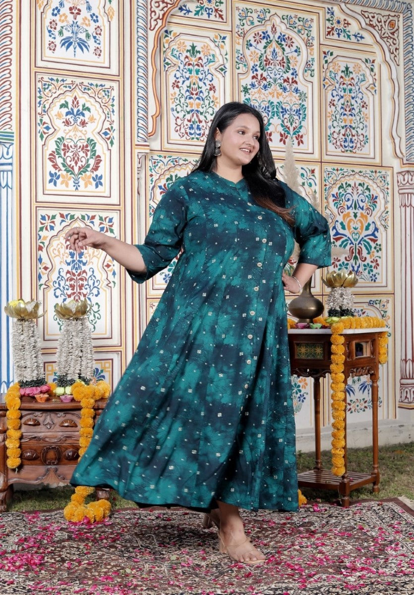 Plus Size Teal Blue Cotton Blend Golden Print Aline Kurta-410077