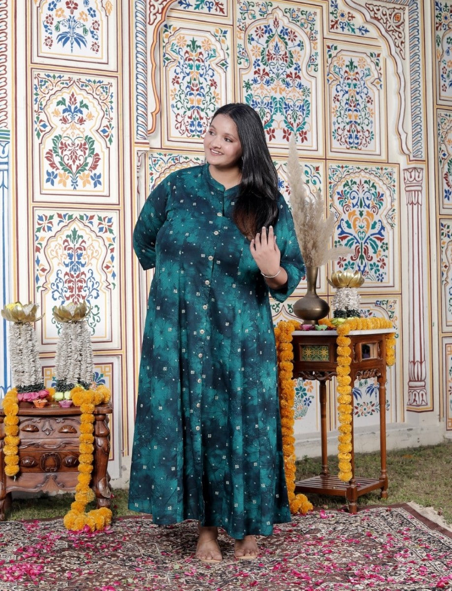Plus Size Teal Blue Cotton Blend Golden Print Aline Kurta-410077