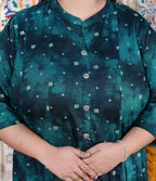 Plus Size Teal Blue Cotton Blend Golden Print Aline Kurta-410077
