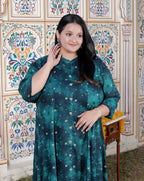 Plus Size Teal Blue Cotton Blend Golden Print Aline Kurta-410077