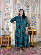 Plus Size Teal Blue Cotton Blend Golden Print Aline Kurta-410077