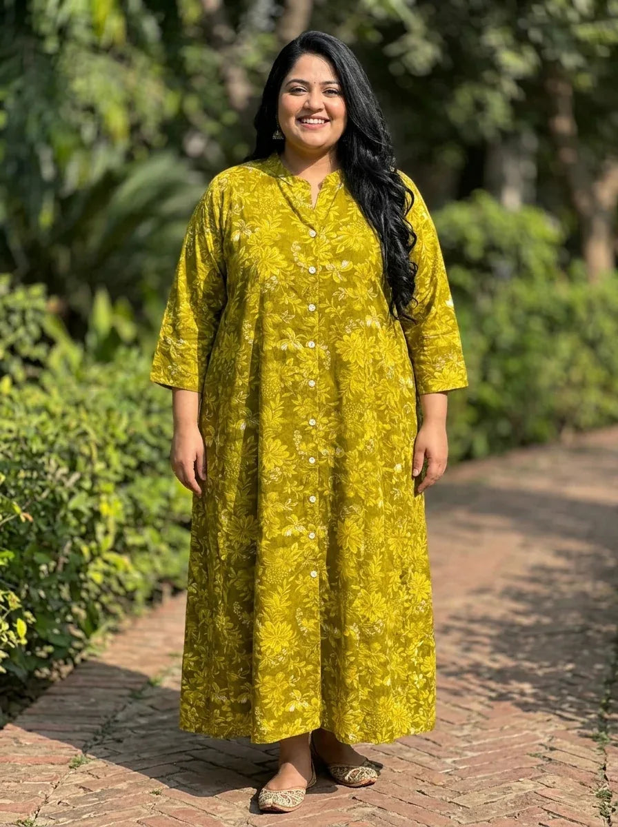 Plus Size Green Cotton Blend Golden Print Aline Kurta-410079 Secondary image