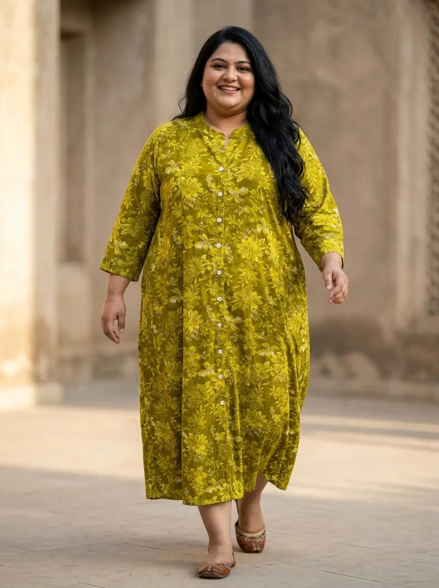 Plus Size Green Cotton Blend Golden Print Aline Kurta-410079 Main image