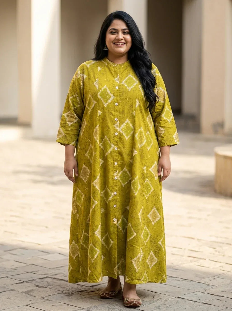 Green Cotton Blend Golden Print Aline Kurta Plus Size-410080 Secondary image