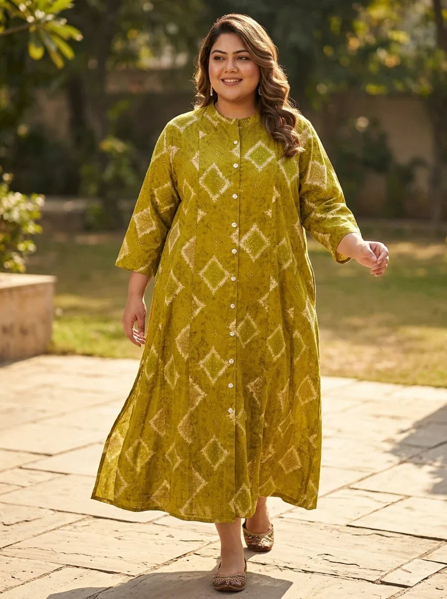 Green Cotton Blend Golden Print Aline Kurta Plus Size-410080 Main image