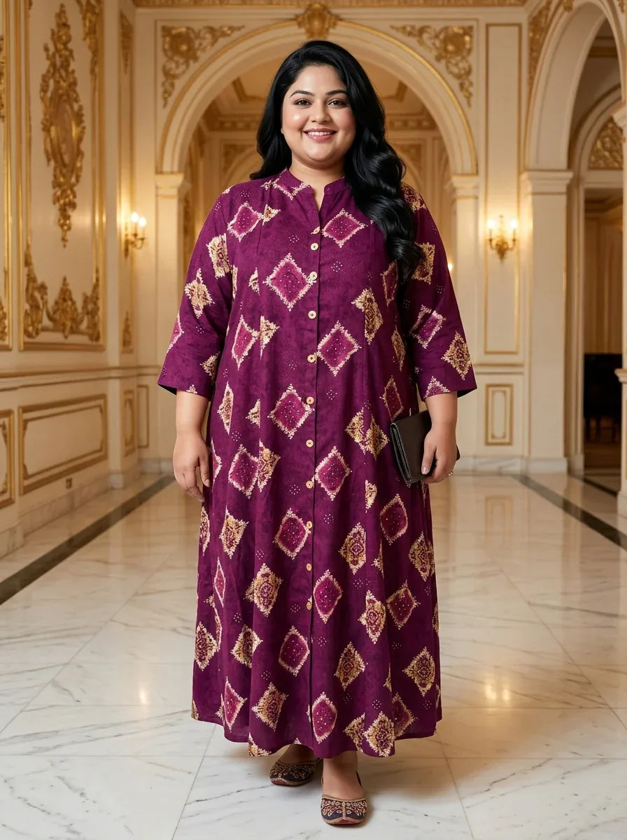 Plus Size Purple Cotton Blend Golden Print Aline Kurta-410081 Main image