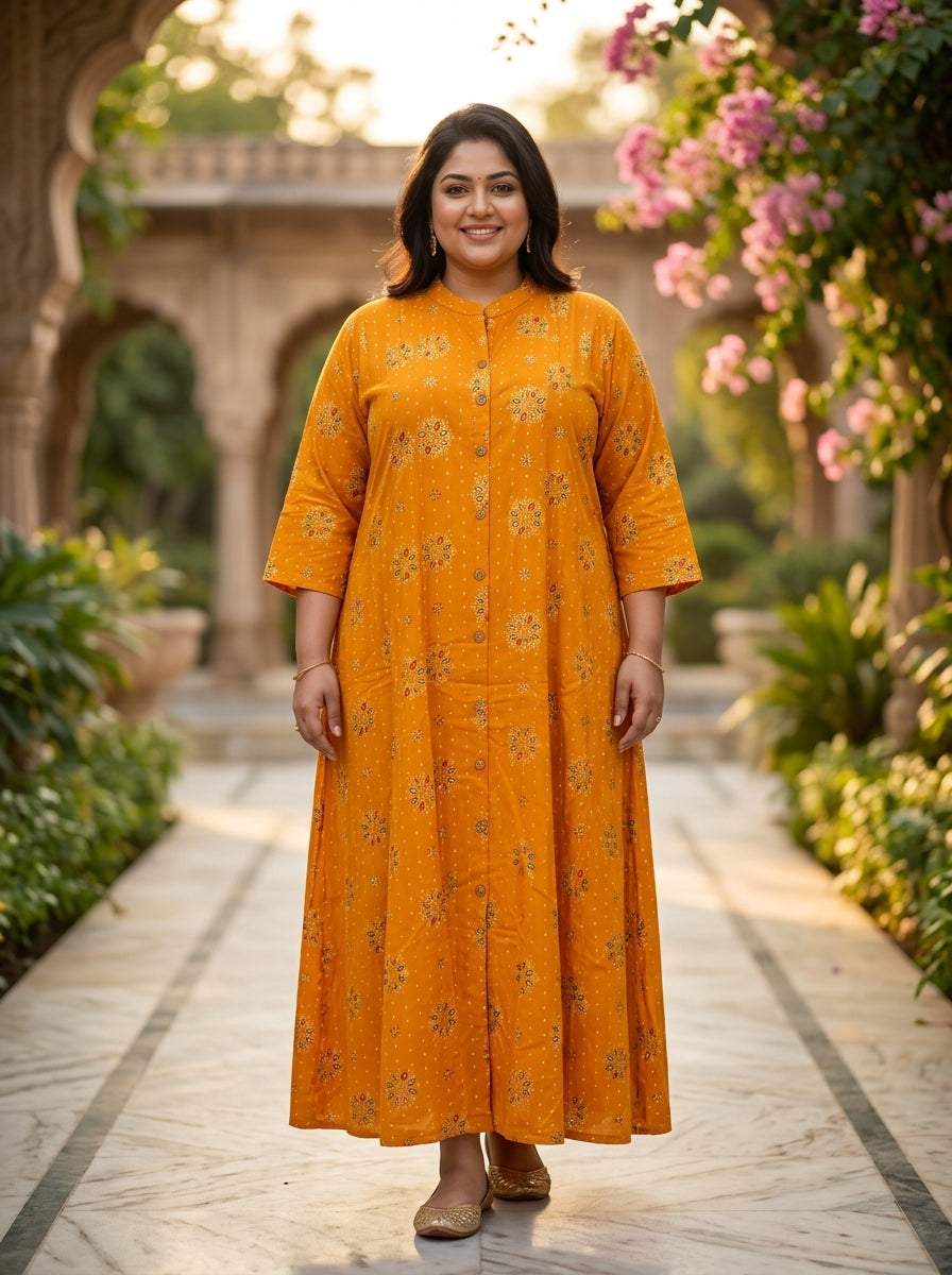 Plus Size Yellow Rayon Golden Print Aline Kurta-410082