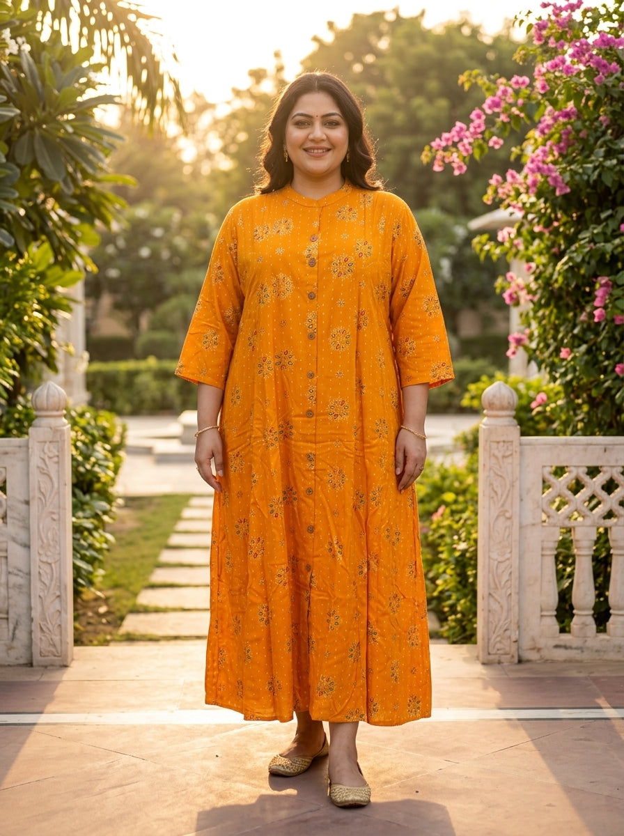 Plus Size Yellow Rayon Golden Print Aline Kurta-410082