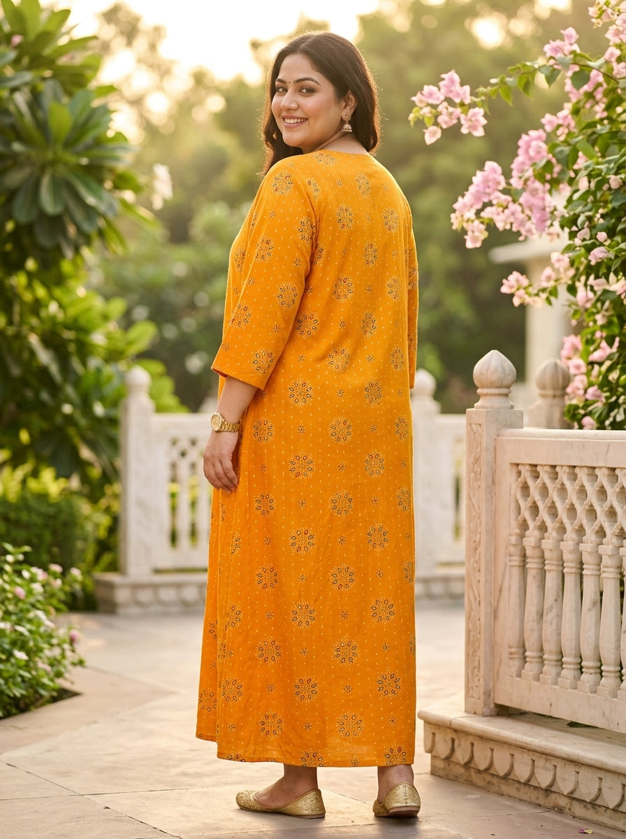 Plus Size Yellow Rayon Golden Print Aline Kurta-410082