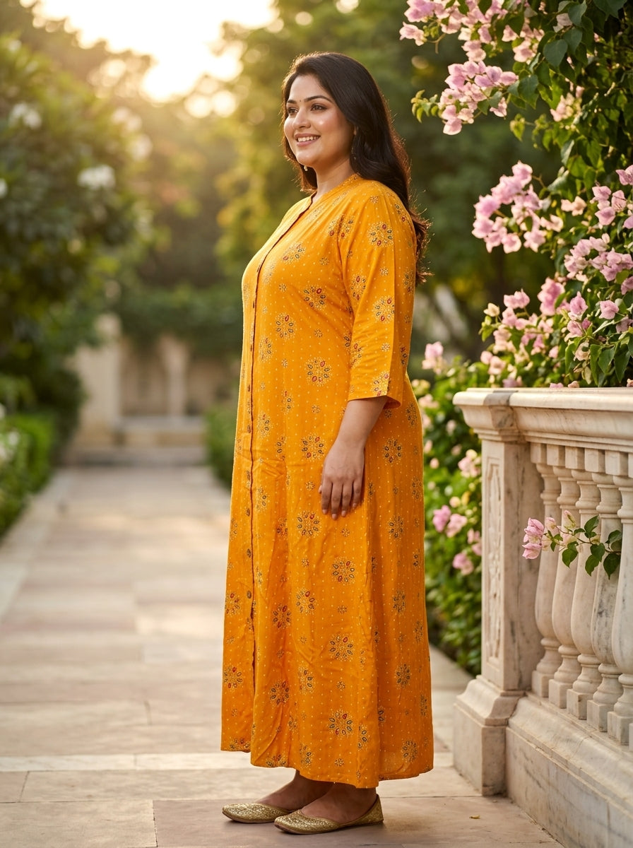 Plus Size Yellow Rayon Golden Print Aline Kurta-410082