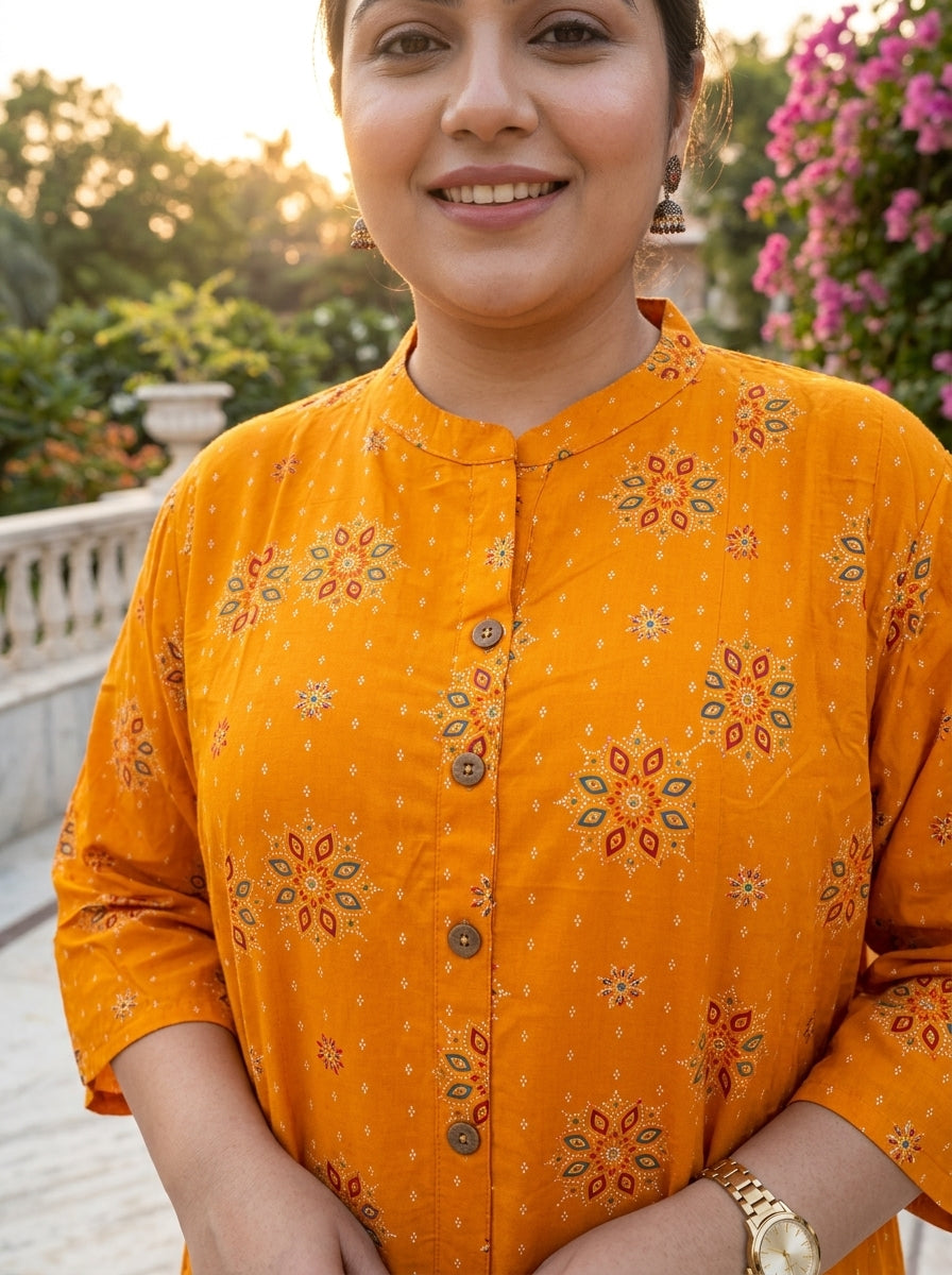 Plus Size Yellow Rayon Golden Print Aline Kurta-410082