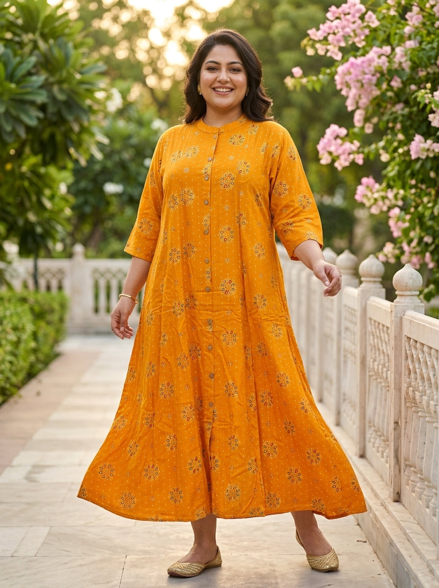 Plus Size Yellow Rayon Golden Print Aline Kurta-410082
