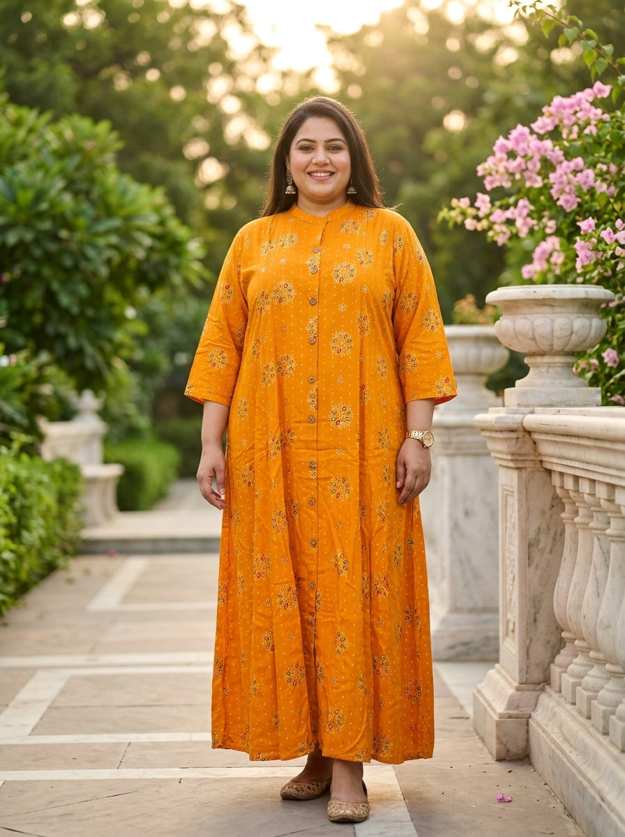 Plus Size Yellow Rayon Golden Print Aline Kurta-410082
